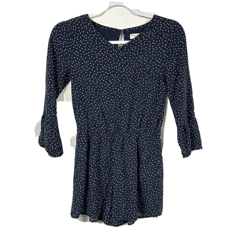 Abercrombie Kids Girls Navy White Long Sleeve Polka Dot Romper Keyhole sz 13 14
